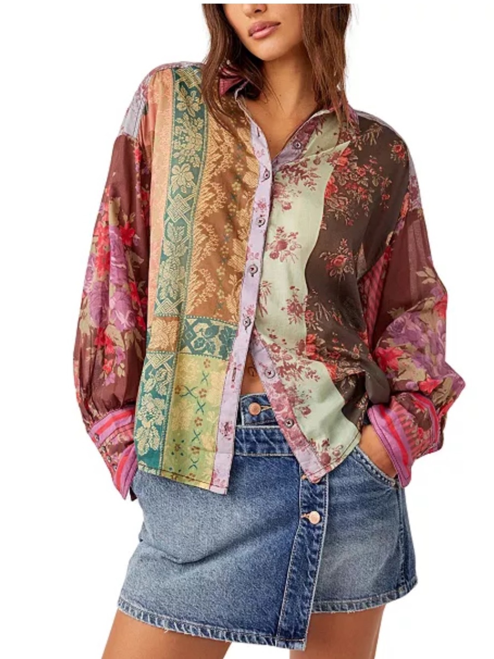 Free Peiple We The Free Flower Patchwork Floral Button-Up Shirt Medium